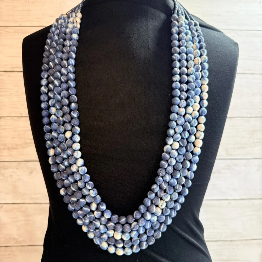 Indigo Blue Tie Dye Cloth Bead Multi Strand Statement Necklace Boho 5 Strand